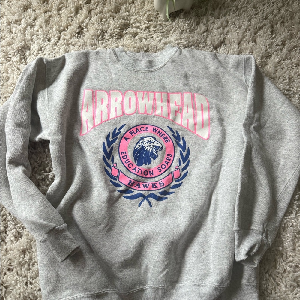 Hanes Pink and Gray Crew Neck Sweater with Graphic Design